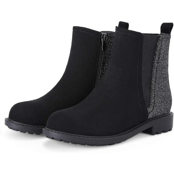 Girls Glitter Black Ankle Boots Side Zipper Comfortable Chelsea Dress Booties - Picture 1 of 5